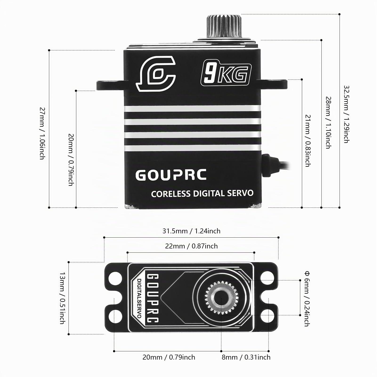 GOUPRC 9 kg Metallkernloser Digitalservo mit 25T RC-Horn für TRX4M 1/18 RC Crawler Auto-Upgrades (Schwarz)