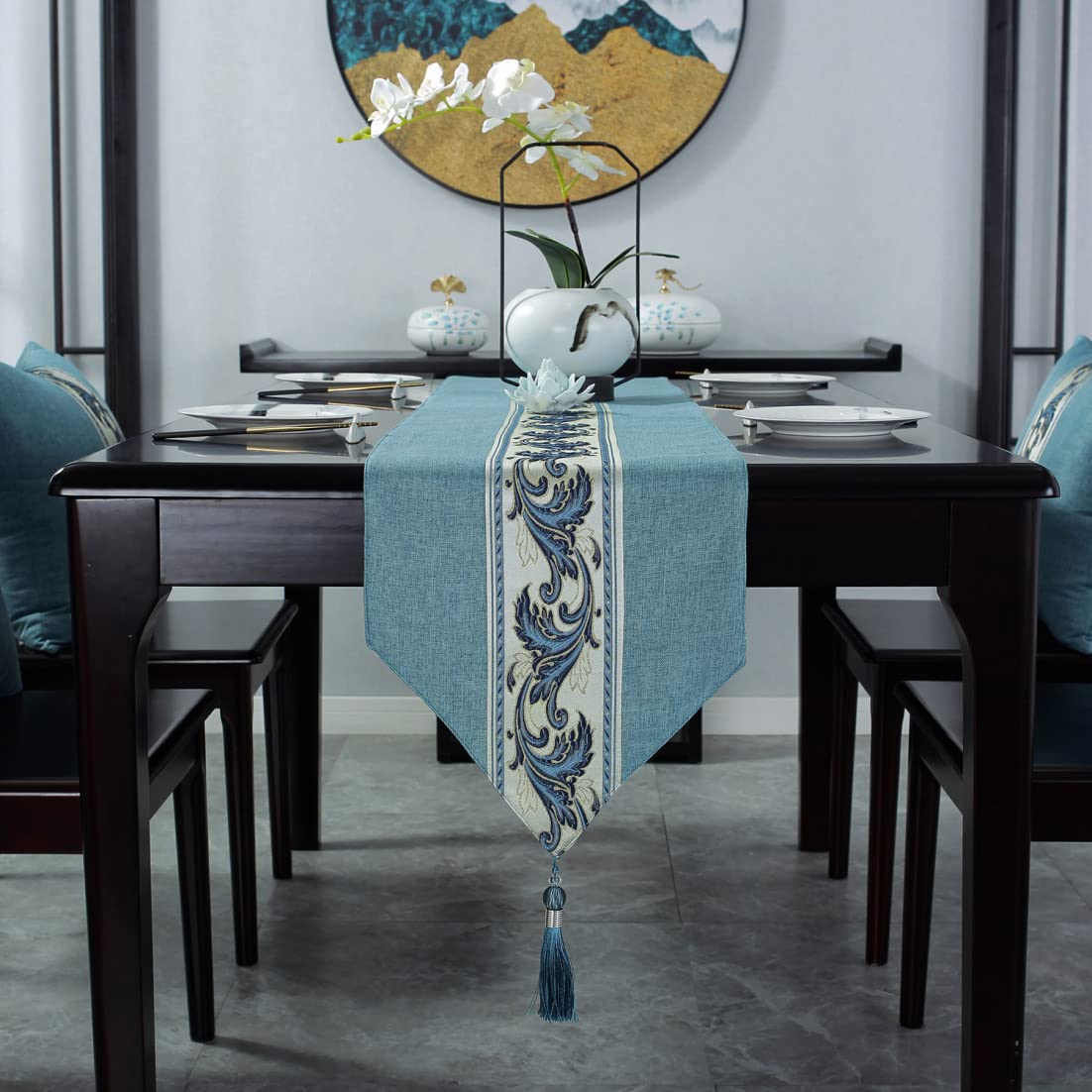 テーブルランナー テーブルフラグ ダイニング装飾 ブルー×グレー Amazon｜[OceanMap] テーブルランナー おしゃれ 中華風 優雅 タッセル