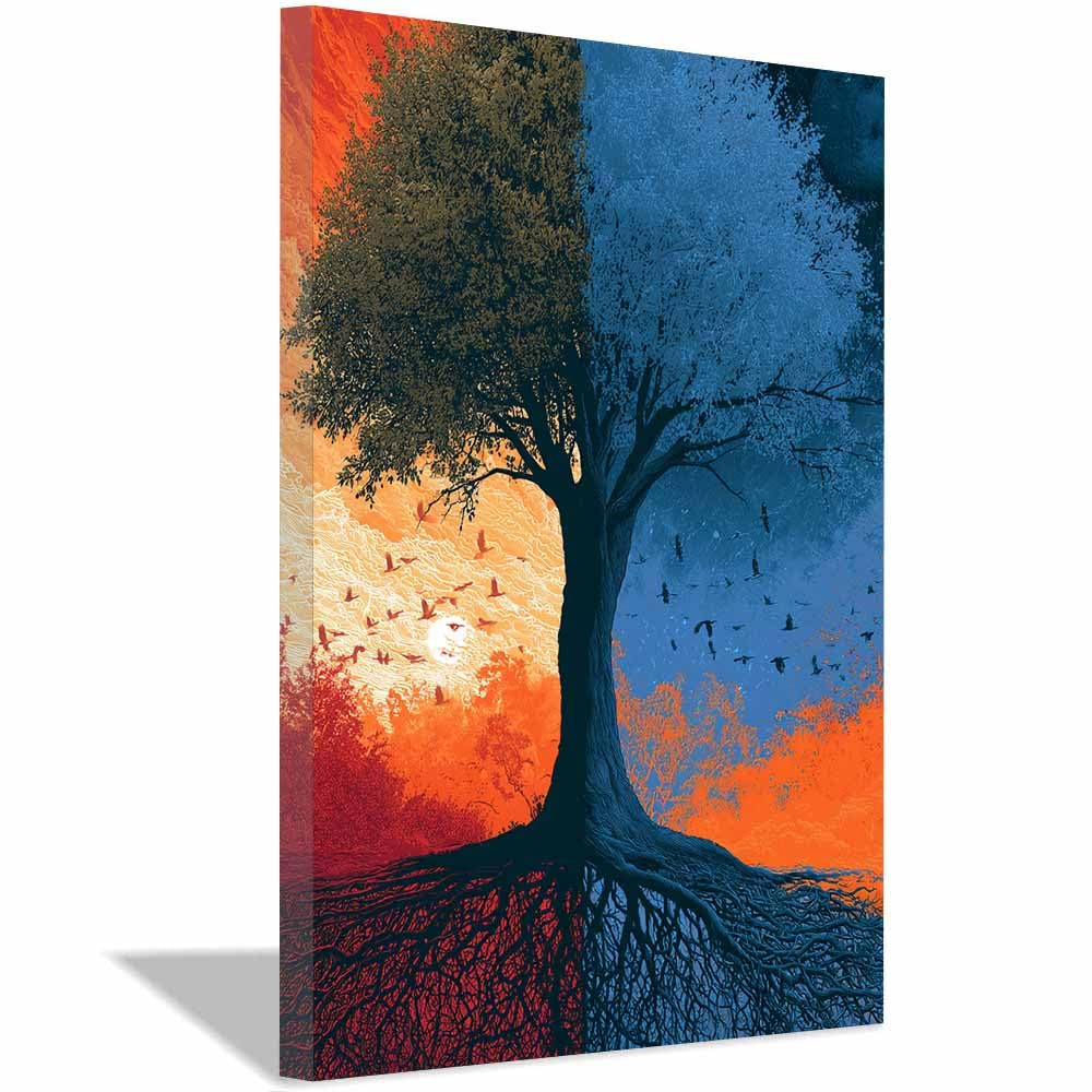 XENIOU Tree Of Life Teals Lights Oak canvas painting wall art, Living Room Bedroom Hallway Stairs Decoration.(Multicolor)-70x100cm Framed