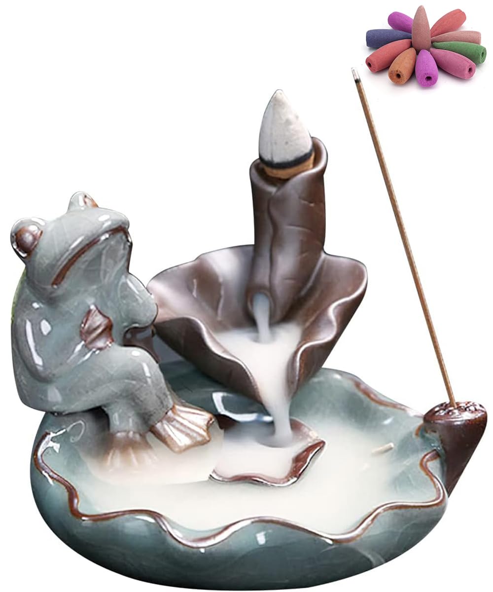 AROMAVORY Backflow Incense Burner Frog Ceramic with 10 Cones Japanese Style