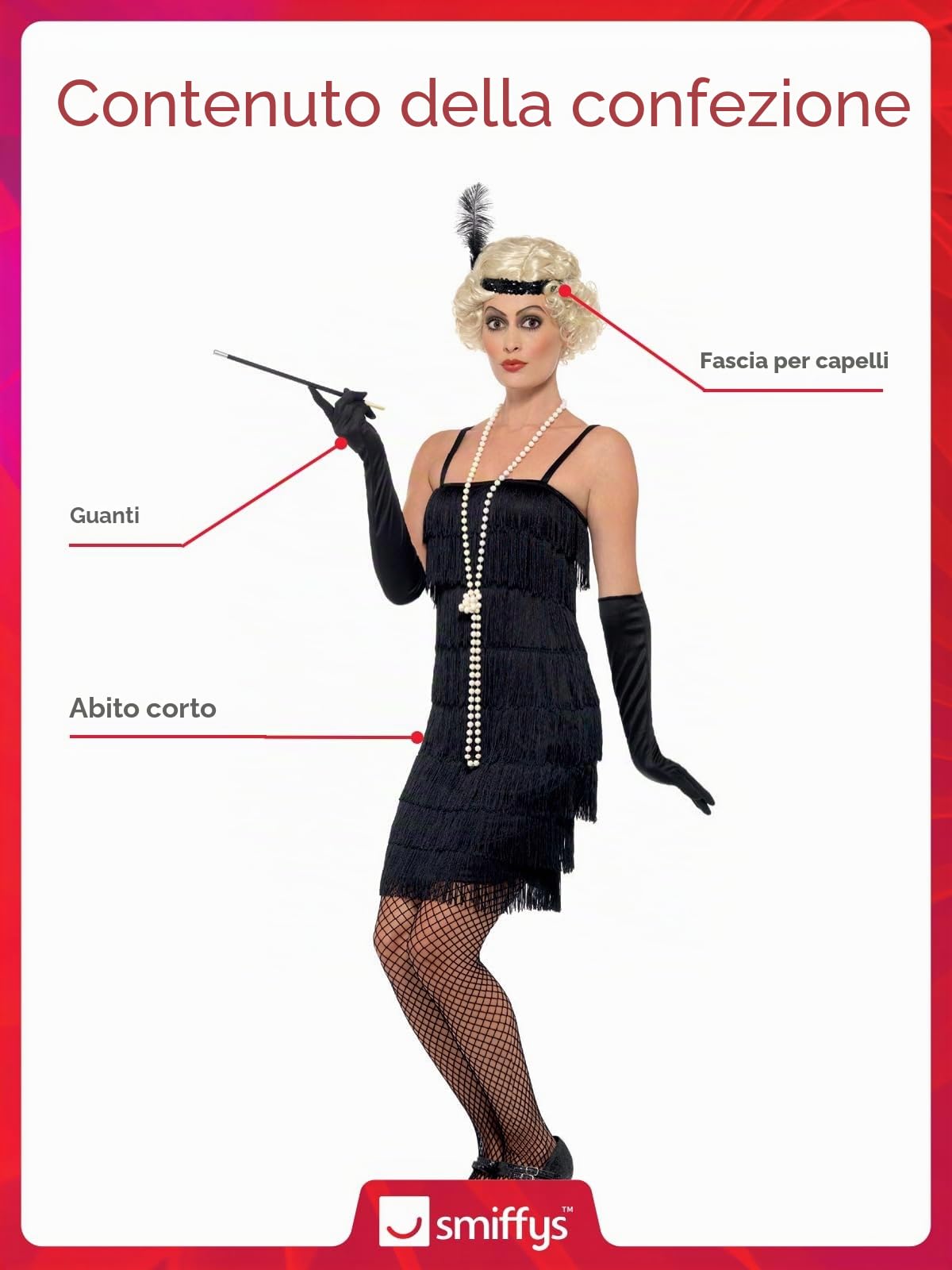 Smiffys Costume Flapper, Nero, abito corto, fascia per capelli e guanti Halloween