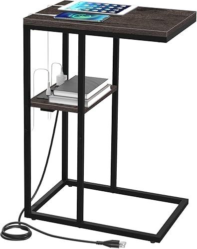 Yoobure Mesa auxiliar en forma de C con estación de carga para sala de estar, dormitorio, mesa de sofá con puertos USB y salidas para espacios