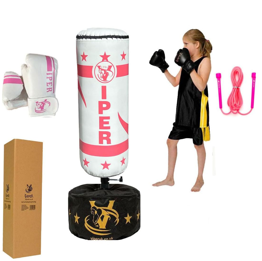 Viper Children Kids Boxing Free Standing Punch Bag with Gloves for Boys Girls Kick Fitness Adjustable Height White/Pink