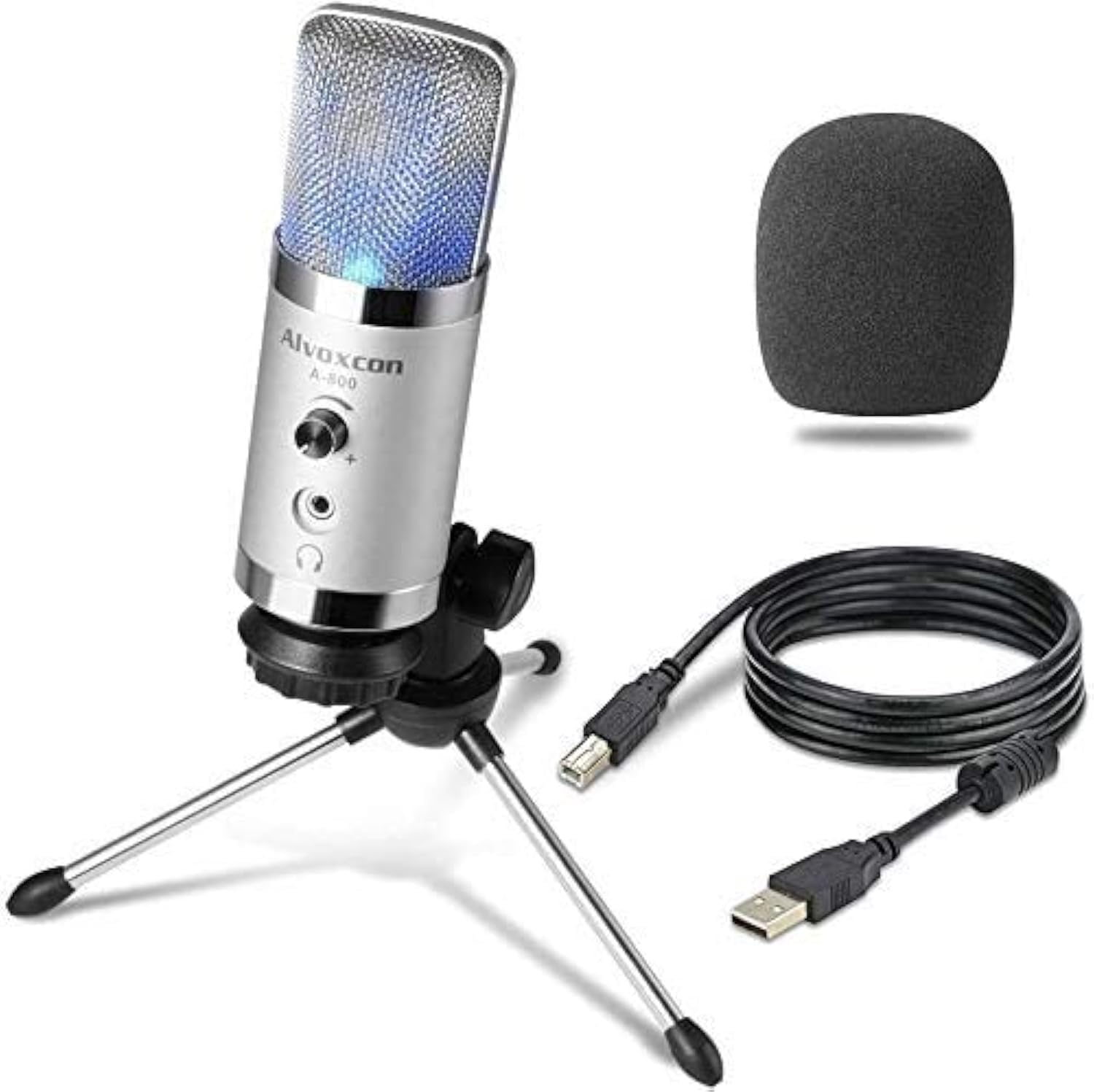 Alvoxcon A800 USB Microphone, 16mm Large Diaphragm, Unidirectional Polar Pattern, Ideal for Gaming, YouTube, Singing, Voiceover, Podcasting, Laptop, Desktop