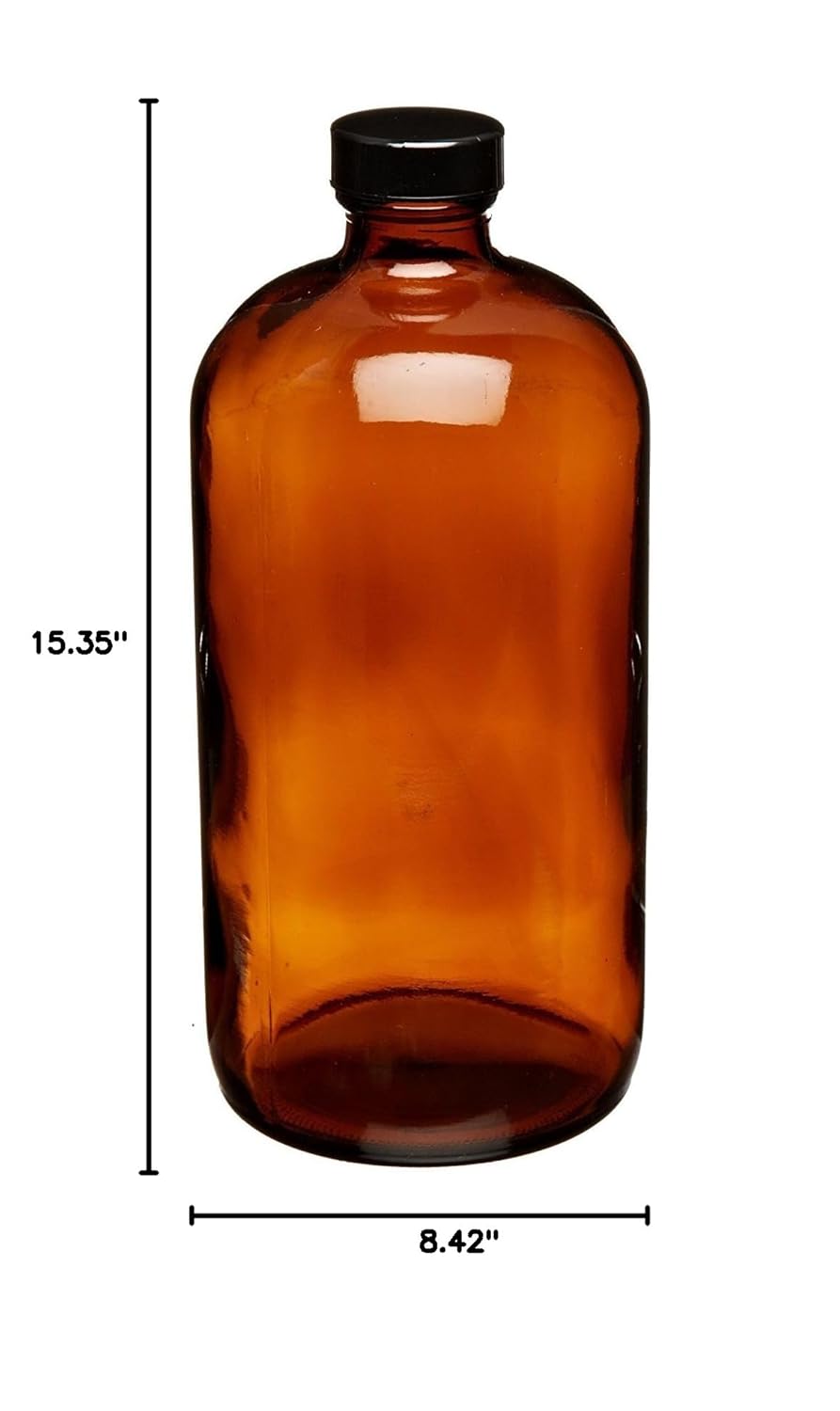 JG Finneran D0161-32 Amber Borosilicate Glass Standard Boston Round Bottle with Black Phenolic Closure, PE Cone Lined, 33-400mm Cap Size, 32oz Capacity (Pack of 12)