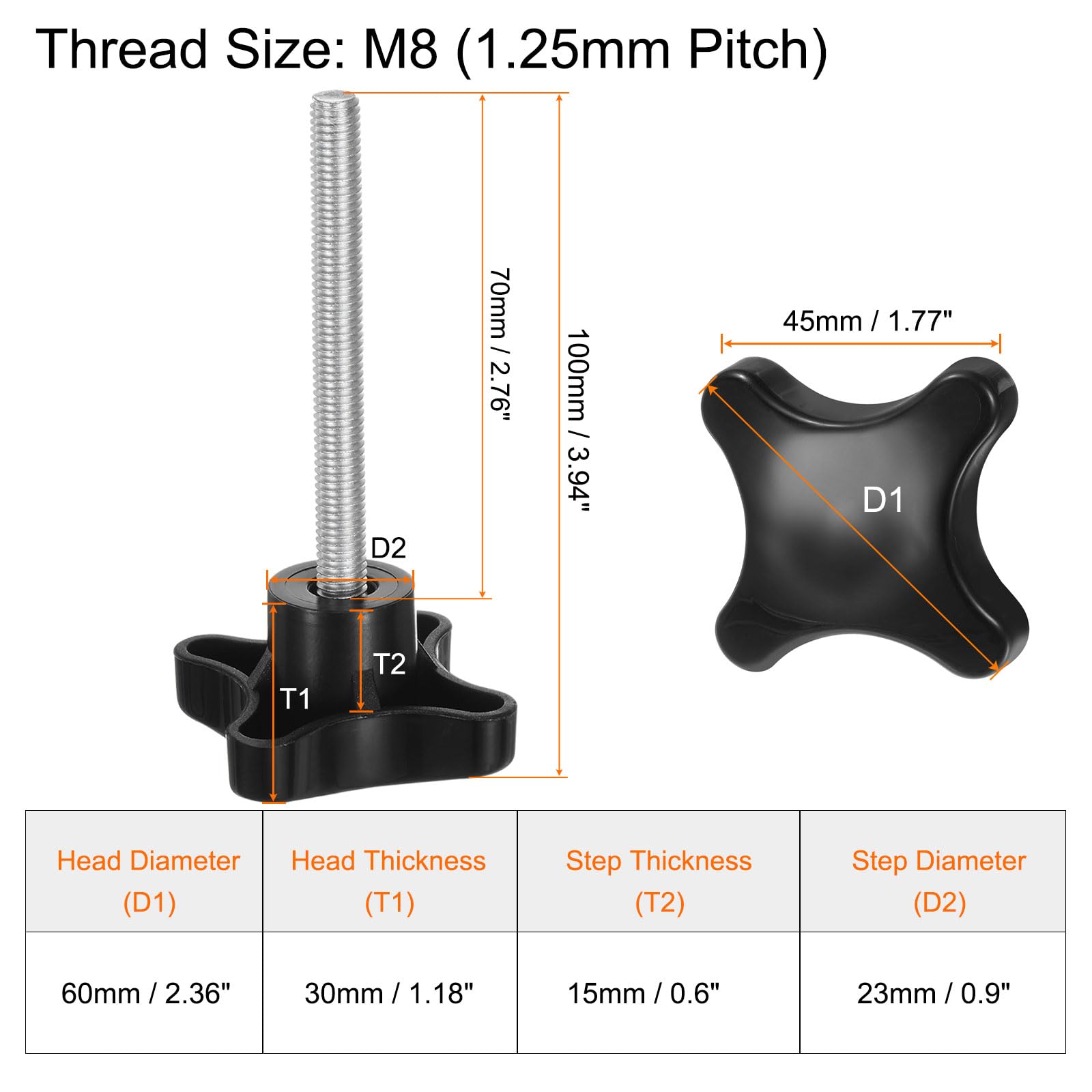 HARFINGTON 6pcs Star Clamping Knobs M8 x 70mm Metric Male Thread 60mm 4-Point Plastic Head Threaded Stud Knob Hand Tightening Thumb Screw Jig Handle, Black