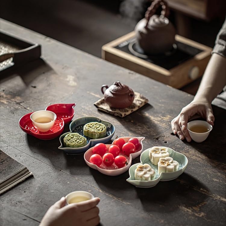 Bandeja de cerámica para Servir té, Bandeja roja para Pasteles, Bandeja Ligera de Lujo para Frutas, Soporte para ollas de Estilo Chino, bandejas para Preparar té en seco para Comer en el Regazo (B)