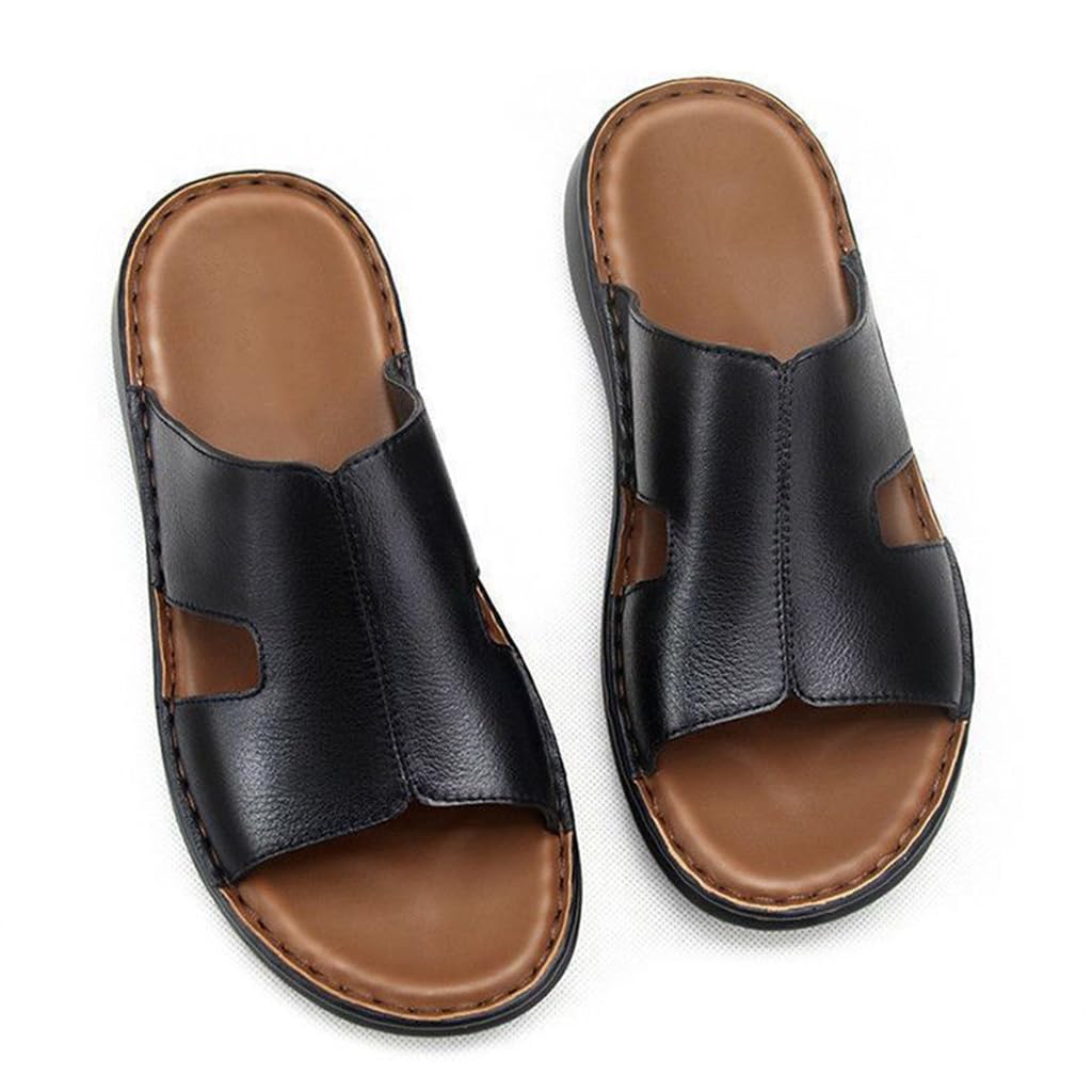 YCZHD Handmade Men's Leather Slippers,Non slip Open Toe Outdoor Comfort Arch Support Sandals,Soft Leather Men's Slippers(Size:EU 43,Color:Black)
