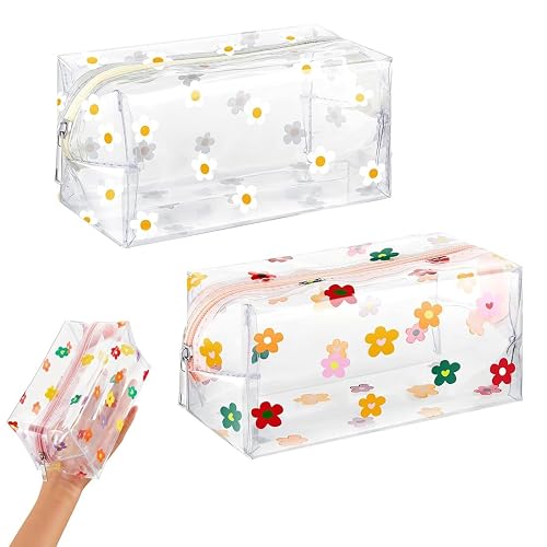 JYNXOR 2 Stück Kulturbeutel, Transparent Wasserdichte Kosmetiktasche PVC Flugzeug Beutel Durchsichtig Make-up Tasche Reise Waschtaschen für Frauen Männer (Blumen, Mehrfarbig)