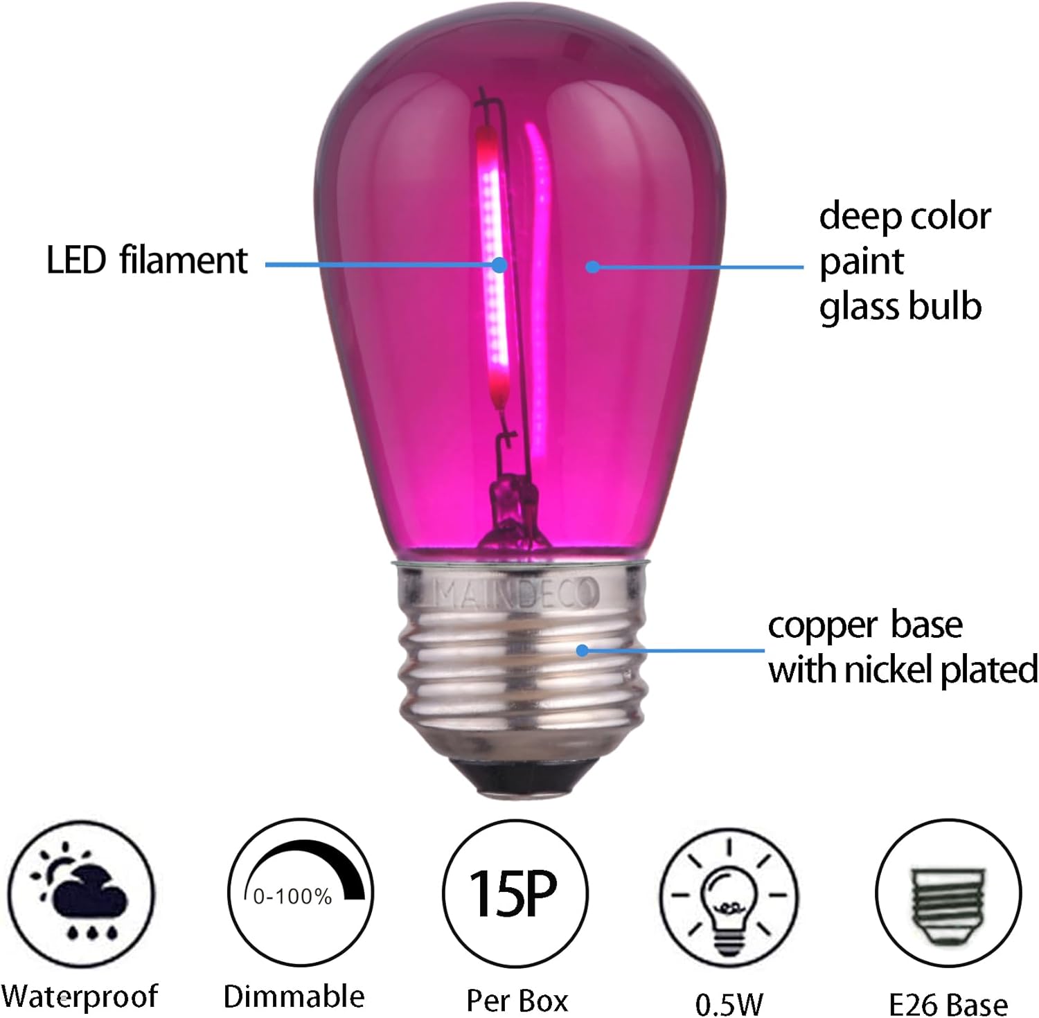 S14 Replacement LED Bulbs,E26 Base,for Outdoor String Light,15 Pack Clear Purple
