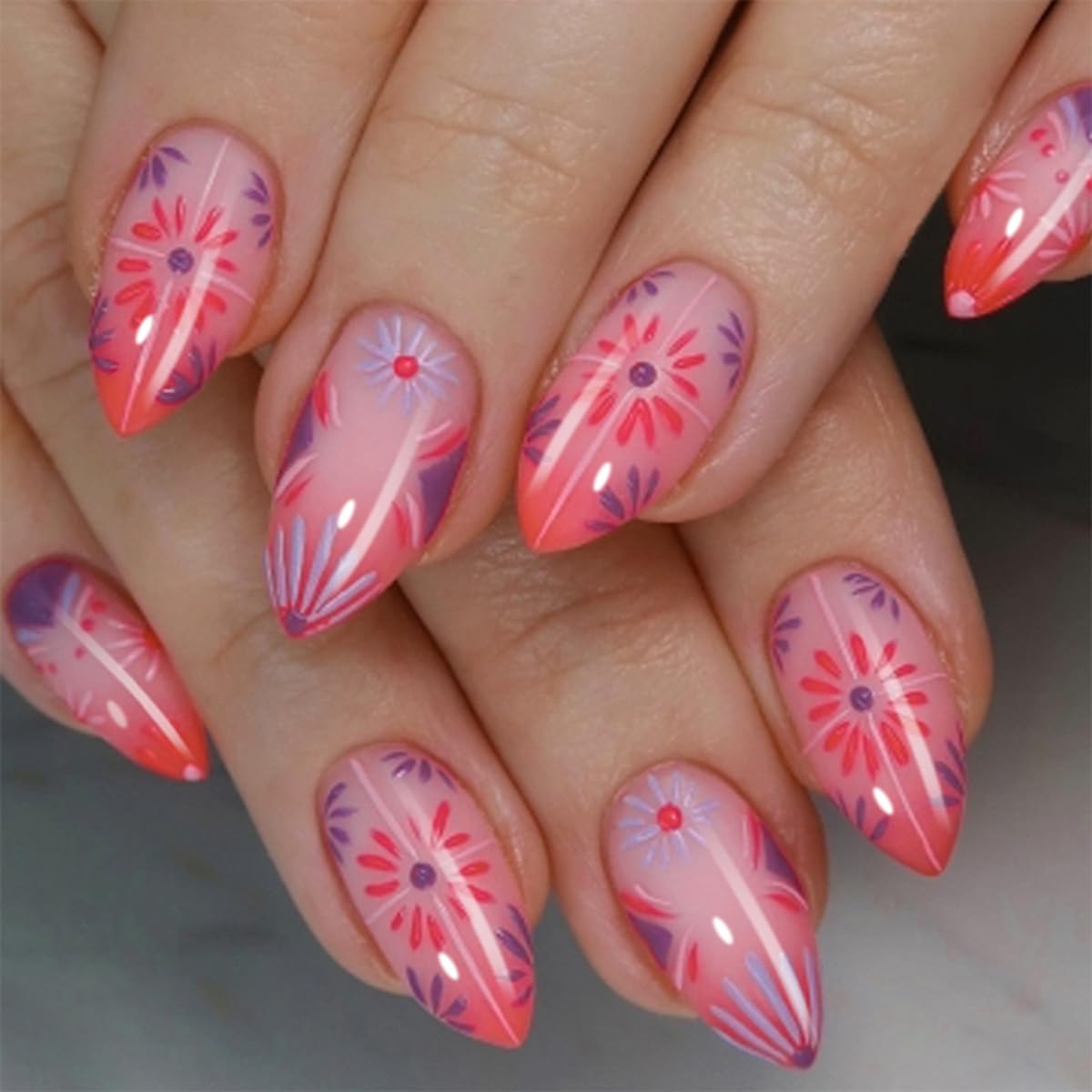 24 Pcs Flower Press on Nails Short Almond Nail Tips,YEFIUO Nude Pink Fake Nails Press ons Ombre Red French Glue on Nails Acrylic Nail Art Kit Full