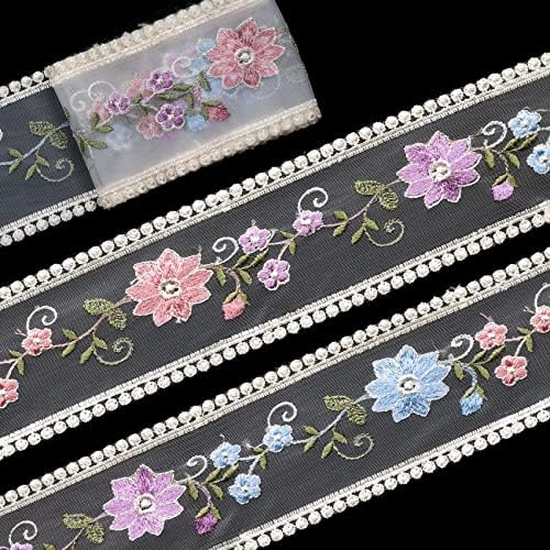 OIIKI 5 Yards Vintage Lace Flower Ribbon, Embroidered Flower Lace Applique, Pink Purple Blue Flower Sewing Patches for Dress Wedding Bridal Bridesmaid Party, Width:9cm(1 PCS)