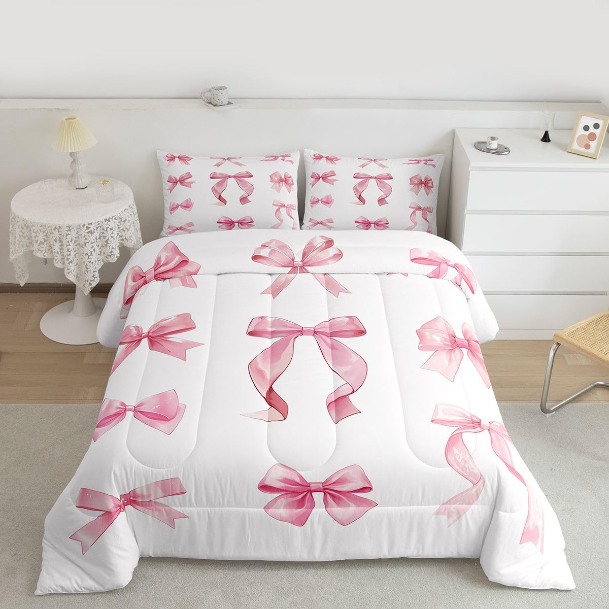 Manfei Set di biancheria da letto singolo con fiocco rosa, 2 pezzi, per bambini, ragazze, ragazzi e donne, decorazione per la camera da letto, copripiumino trapuntato Kawaii Princess Girly ultra