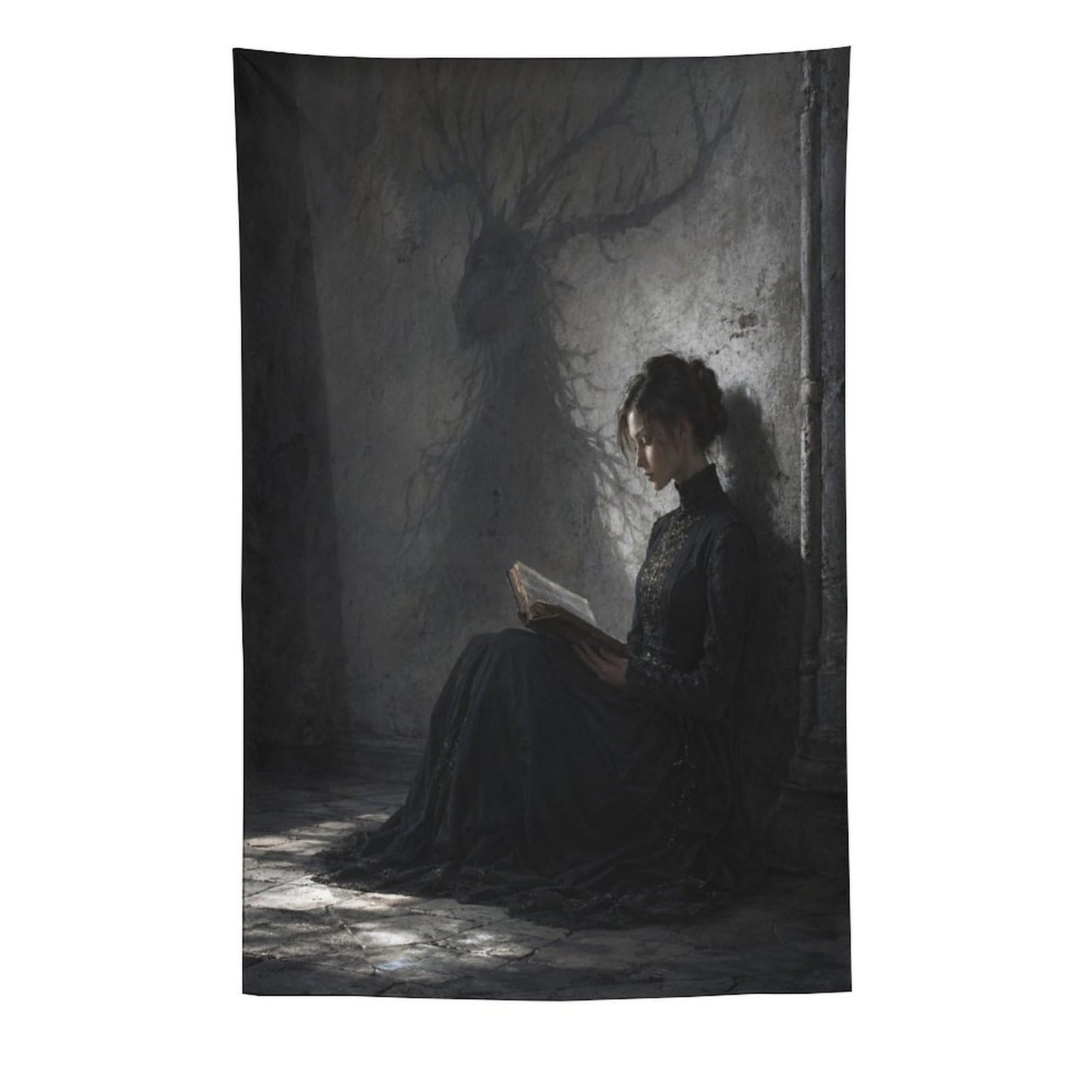 H3B8U2Y5 Moonlit Woman Reading Wall Tapestry, Surrealist, Gothic Room Light