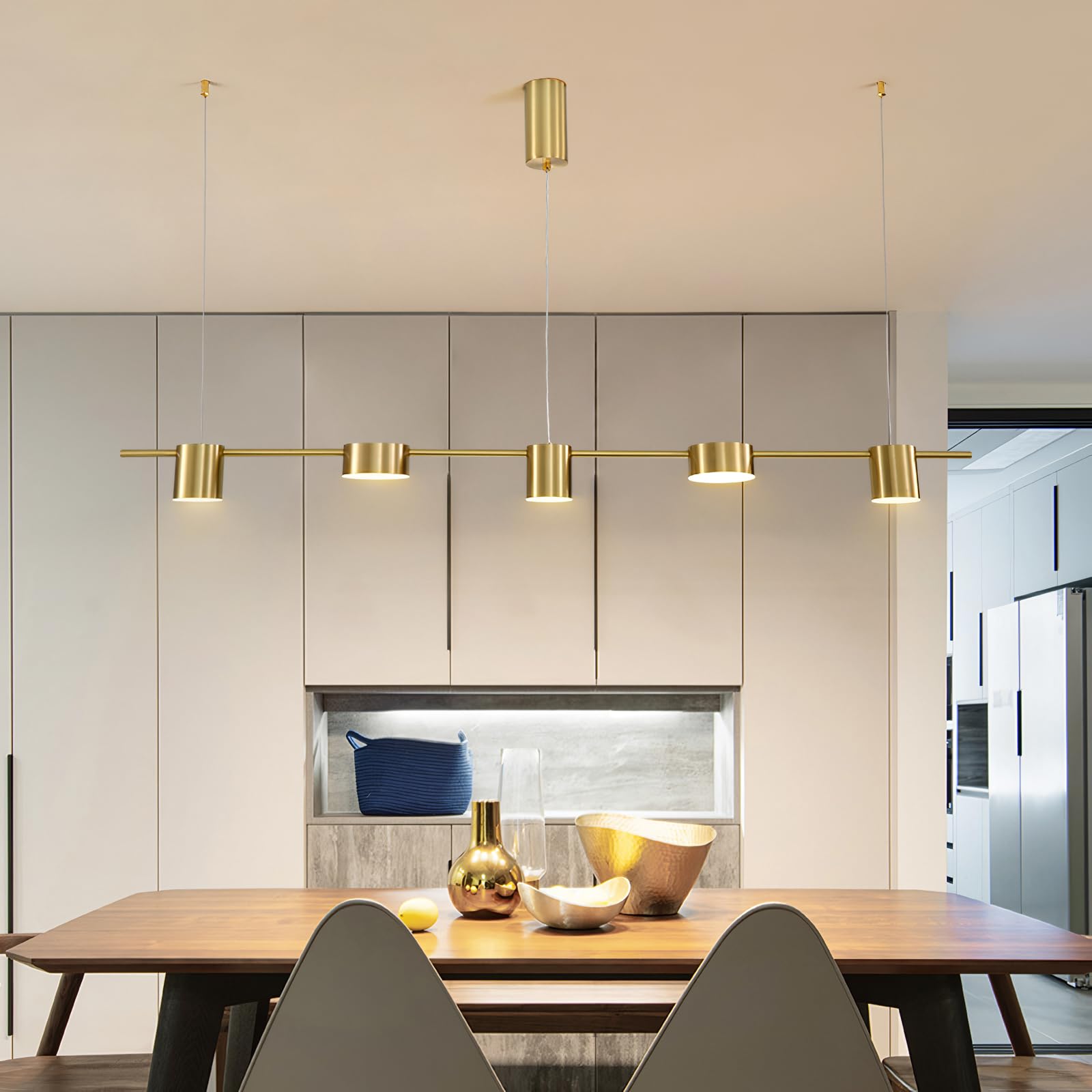 Lámpara Colgante LED Moderna, 5 luces Luz de colgante Regulable, lineal diseño altura ajustable Lampara Colgante para Comedor, Isla de Cocina, Mesa de Comedor (Oro 120CM)