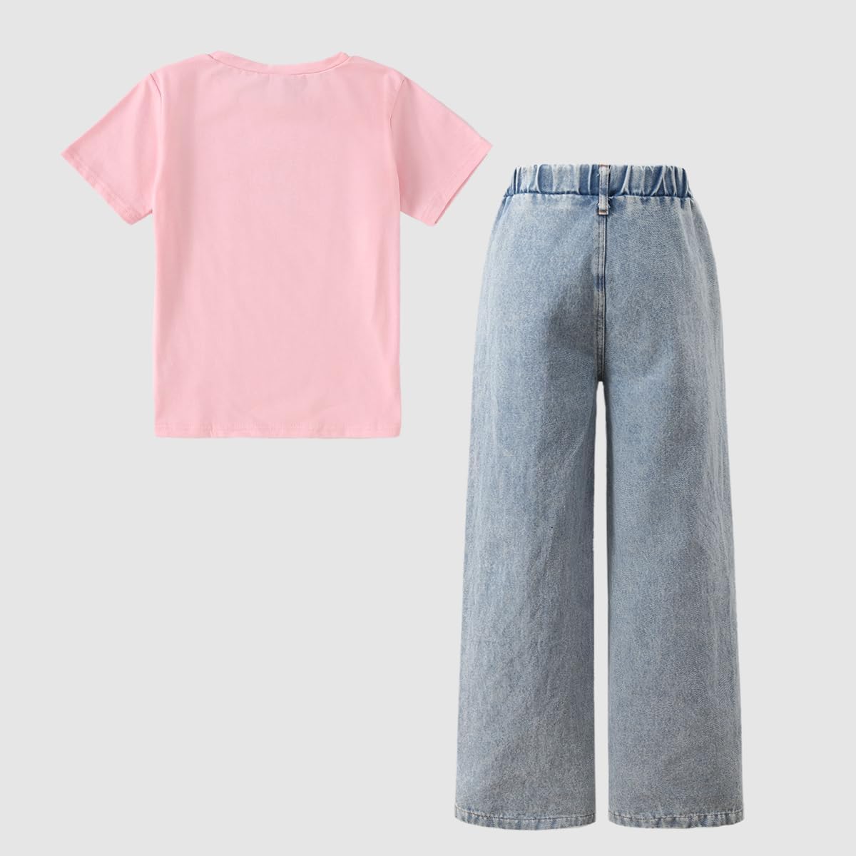 Girls Summer Clothes Short Sleeve Top + Denim Straight Pants, Girls Spring and Fall Outfits, Size 7-16 Years