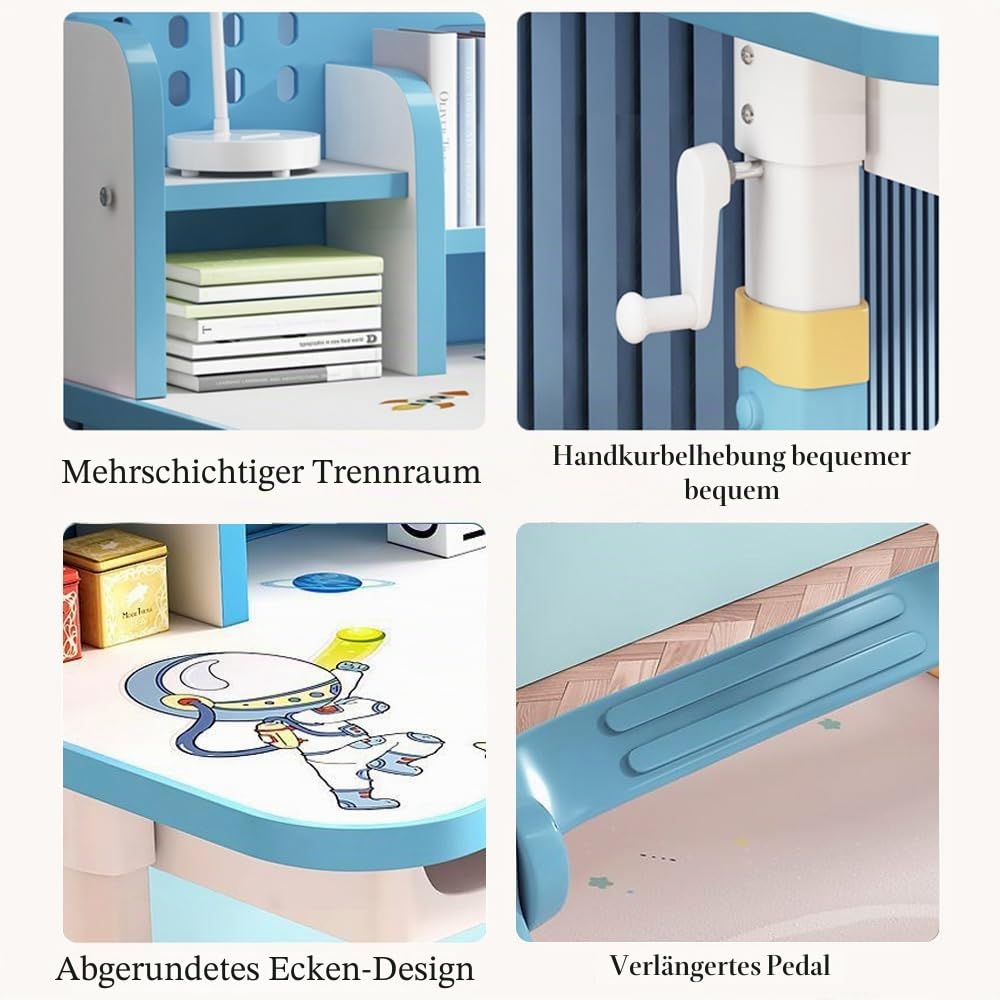 Kinder-Schreibtisch- und Stuhl-Set, höhenverstellbar, Kinderstudiertisch mit Schublade, Bücherregal, Kindersitztisch für Jungen, Mädchen, Schule, Zuhause, Arbeitszimmer (Space Blue)