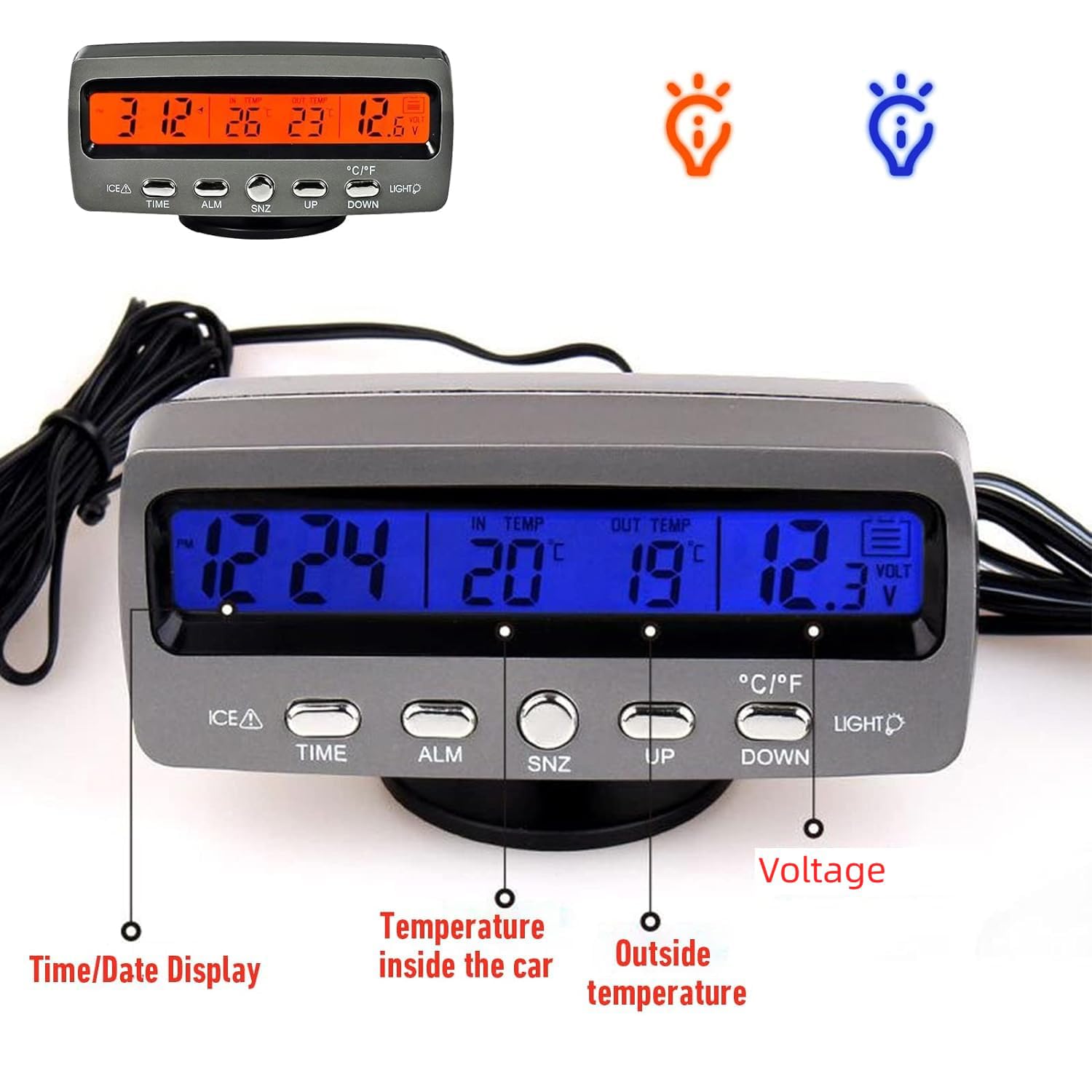 Thermomètre numérique intelligent multifonction pour voiture, thermomètre extérieur Fahrenheit Celsius double écran LCD avec rétroéclairage LED bleu/orange, fonction horloge/calendrier/tension