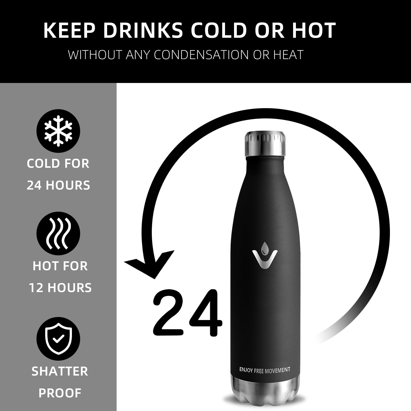 Borraccia- 750 ml- Borraccia Termica, Senza BPA, Borraccia Acciaio Inox, Senza Perdite, Borracce Termiche, Acciaio Inossidabile 18/8, Borraccia Metallo, Facile da Trasportare, per Fitness, Corsa, Nero