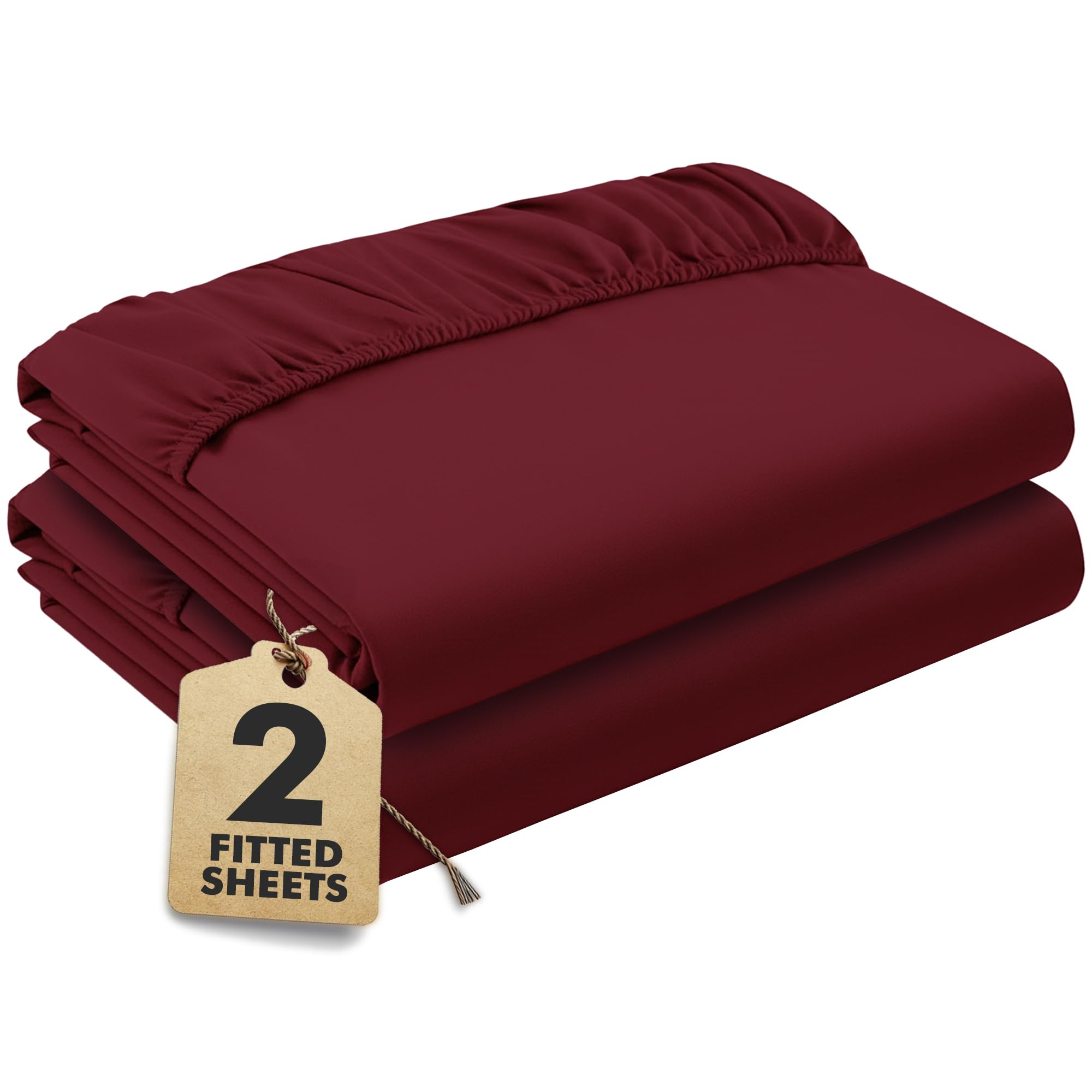 Burgundy Fitted Sheet Super King Beds (180×200 cm, Deep 35 cm) – Pack of 2 Soft Microfibre Elasticated Cover – Breathable, Durable & Easy Care Bottom Sheet