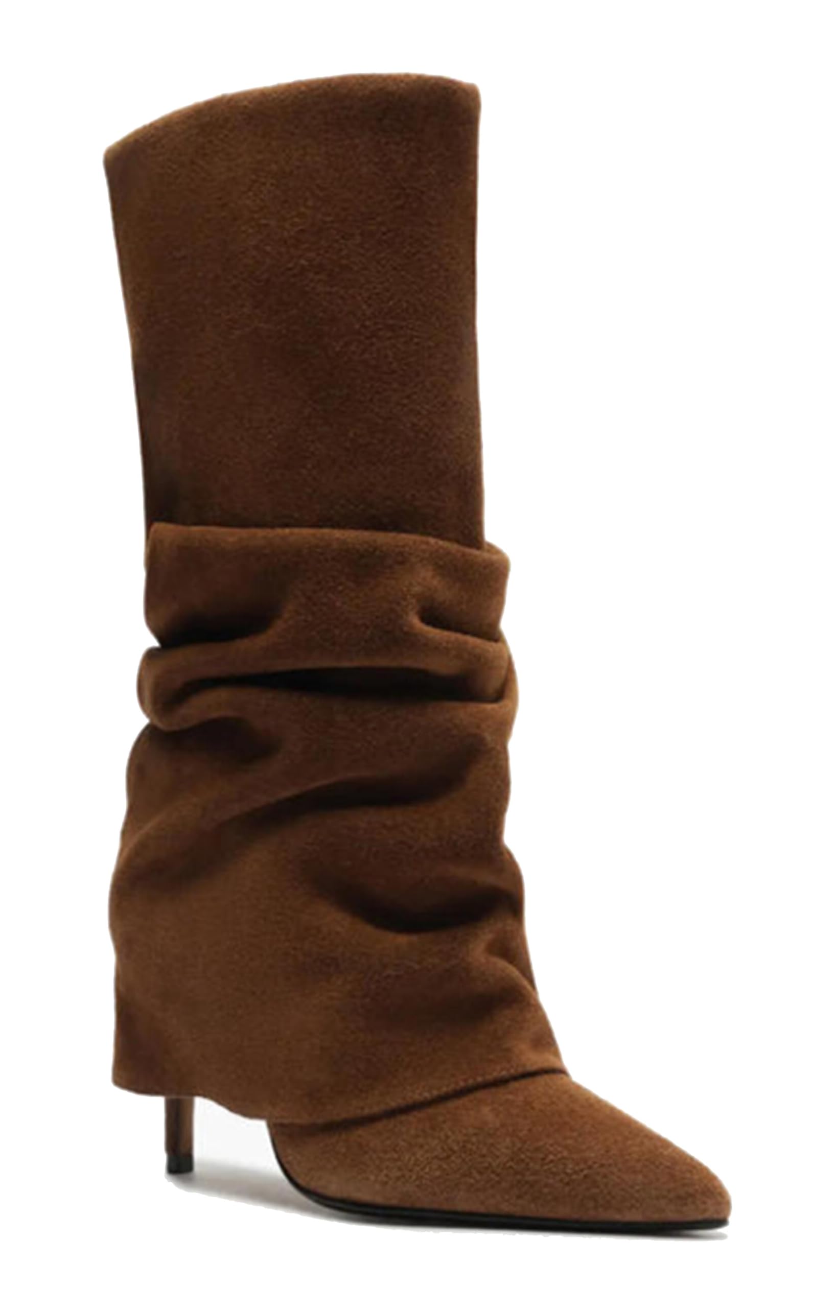 Womens Slouch Knee High Boots Pointed Toe Stiletto Heel Suede Dress Boots