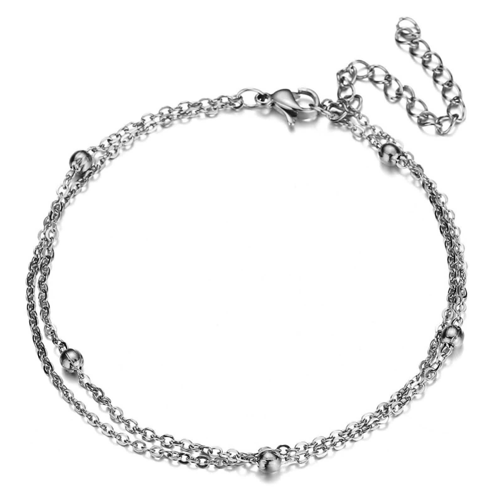 Cavigliera da donna in oro bianco Au585, impermeabile, boho, 14 K, doppia catena con perle estive e piedi
