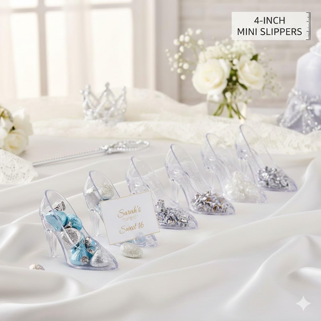 Mini Cinderella Glass Slipper Party Favors 6 Pack 4in Clear Plastic Oojami | Reusable Princess Shoe Candy Holders, DIY Fillable - Wedding, Birthday, Baby Shower, Quinceanera Centerpiece & Cake Topper