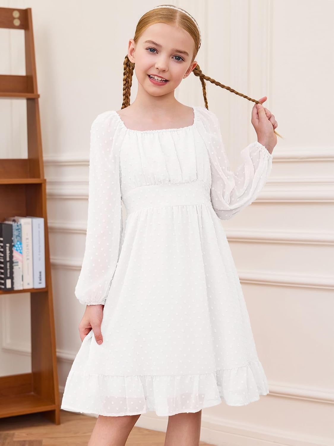 Haloumoning Girls Long Sleeve Dress Kids Ruffle Tiered Dress Swiss Dot Flowy A Line Dresses 5-14 Years - Image 2