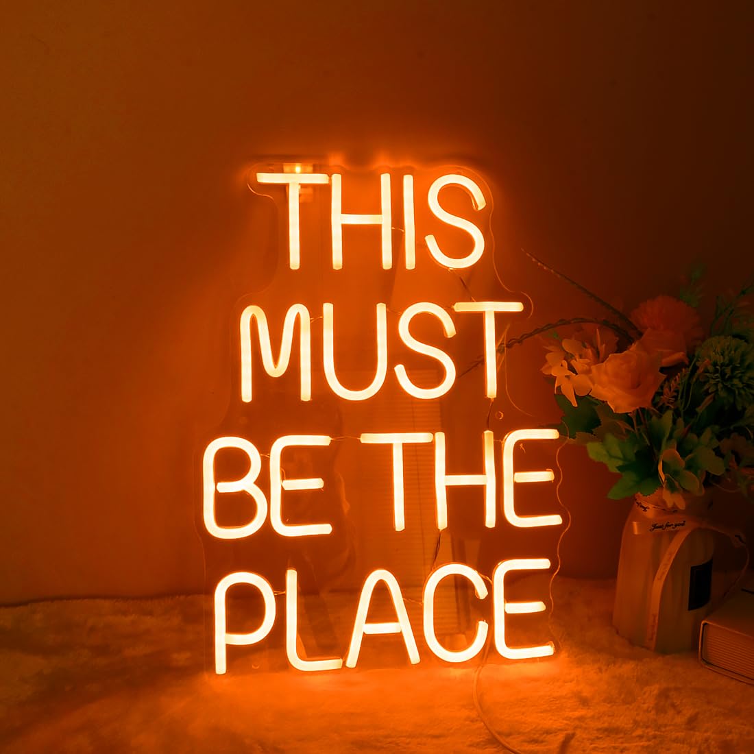This Must Be The Place LED Neon Sign Light for Home Bedroom Cafe Bar Pub Hanging Wall Decor Sign Anniversaries Wedding Birthday Party Backdrop Christmas Gifts USB 16.5"X12.2" Orange