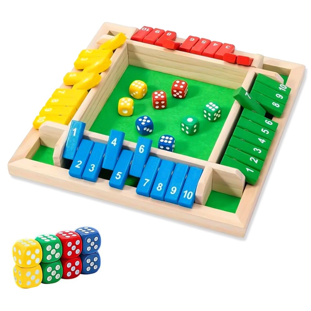 LKNBIF Shut the Box Game, Wooden Table Game, Classic 2-4 Player Dice Game, Wooden Math Traditional Pub Board Educational Math Number Dice Games for Adults