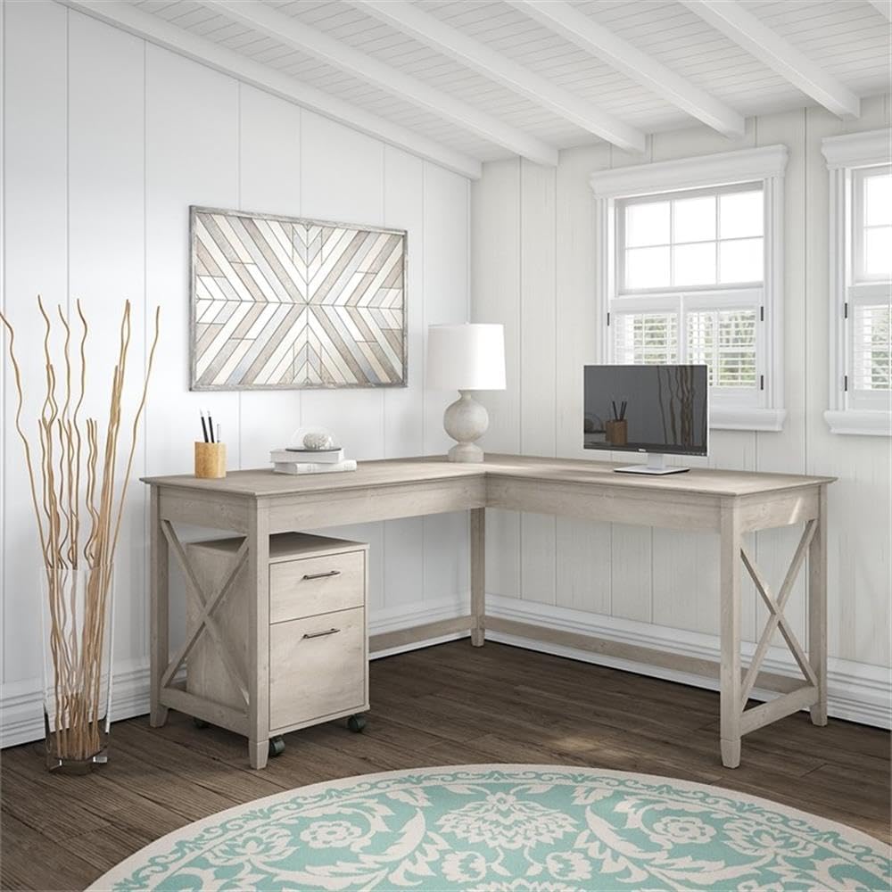 Washed Gray L-Shaped Desk with Mobile File Cabinet
