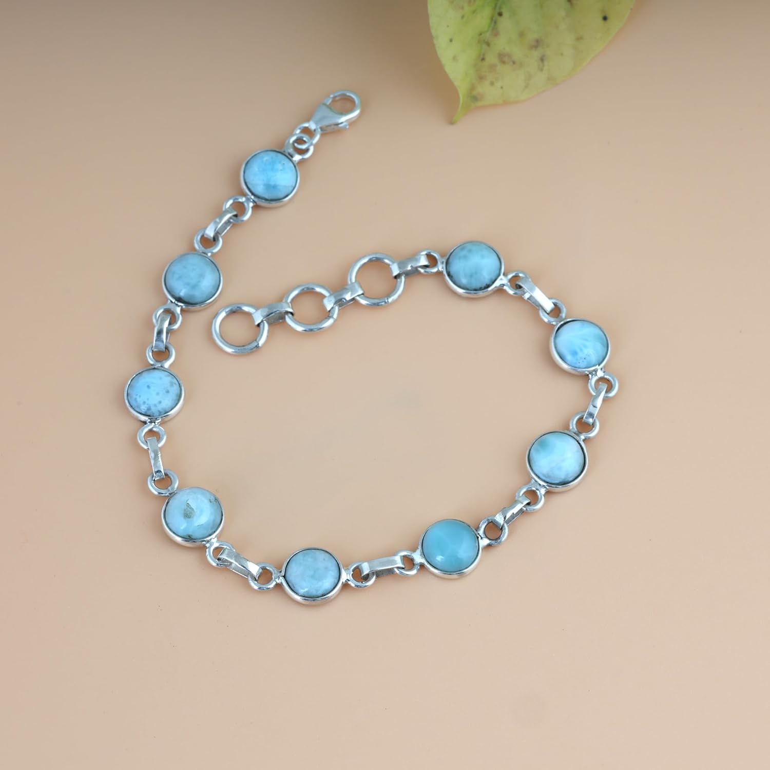 Larimar Bracelets 925 Silver For Women - Round Blue Gemstone Adjustable Handmade Link Bracelets For Her, 7.5"