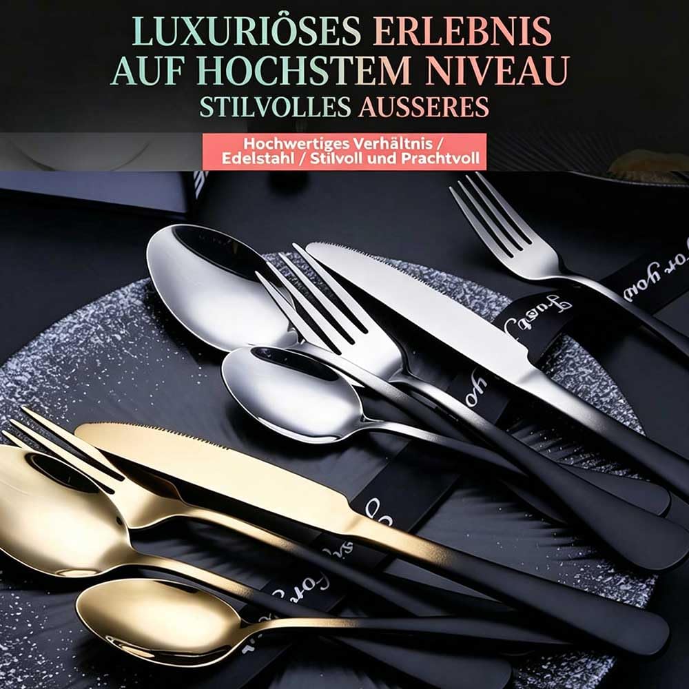6 Personen Besteck Set 30-teilig, 304 Edelstahl, Matt-Schwarz Griff, Hochglanzpoliert Silber