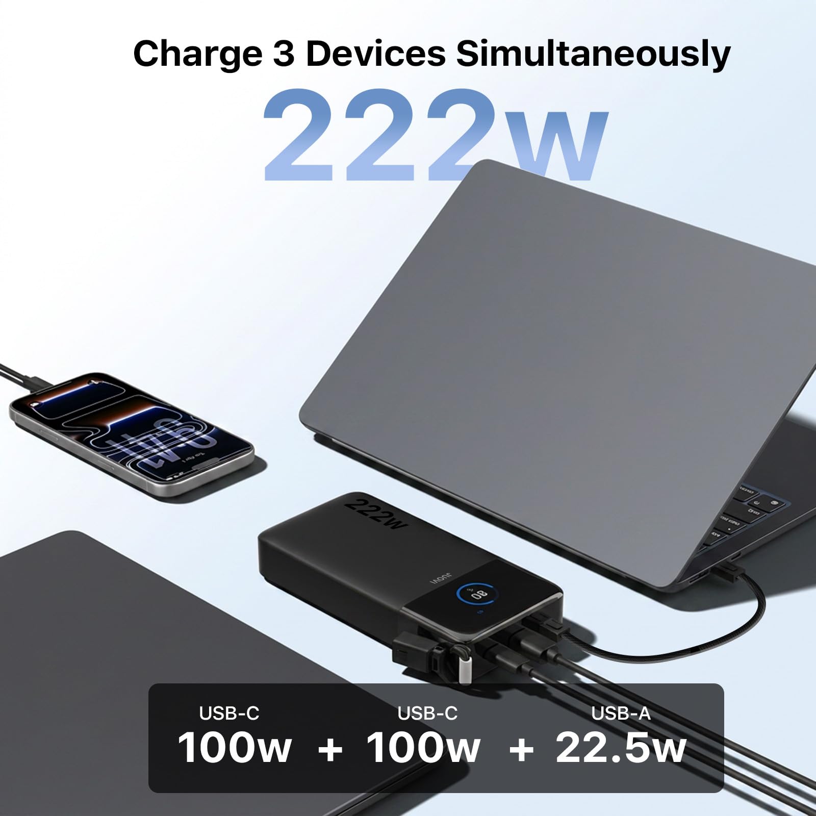 JUOVI 222W Laptop Power Bank 25000mAh con Cavo USB C Rimovibile