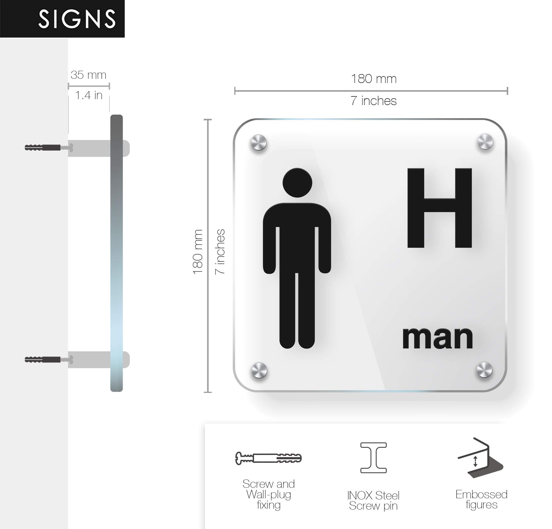 Signs [STAN08-nero] Set 4X Placas de pared con separadores en relieve (Español/Inglés): Toilettes, Hombre, Mujer, Discapacitado, cartel de baño. Letrero WC de pared para inodoro y para puerta.