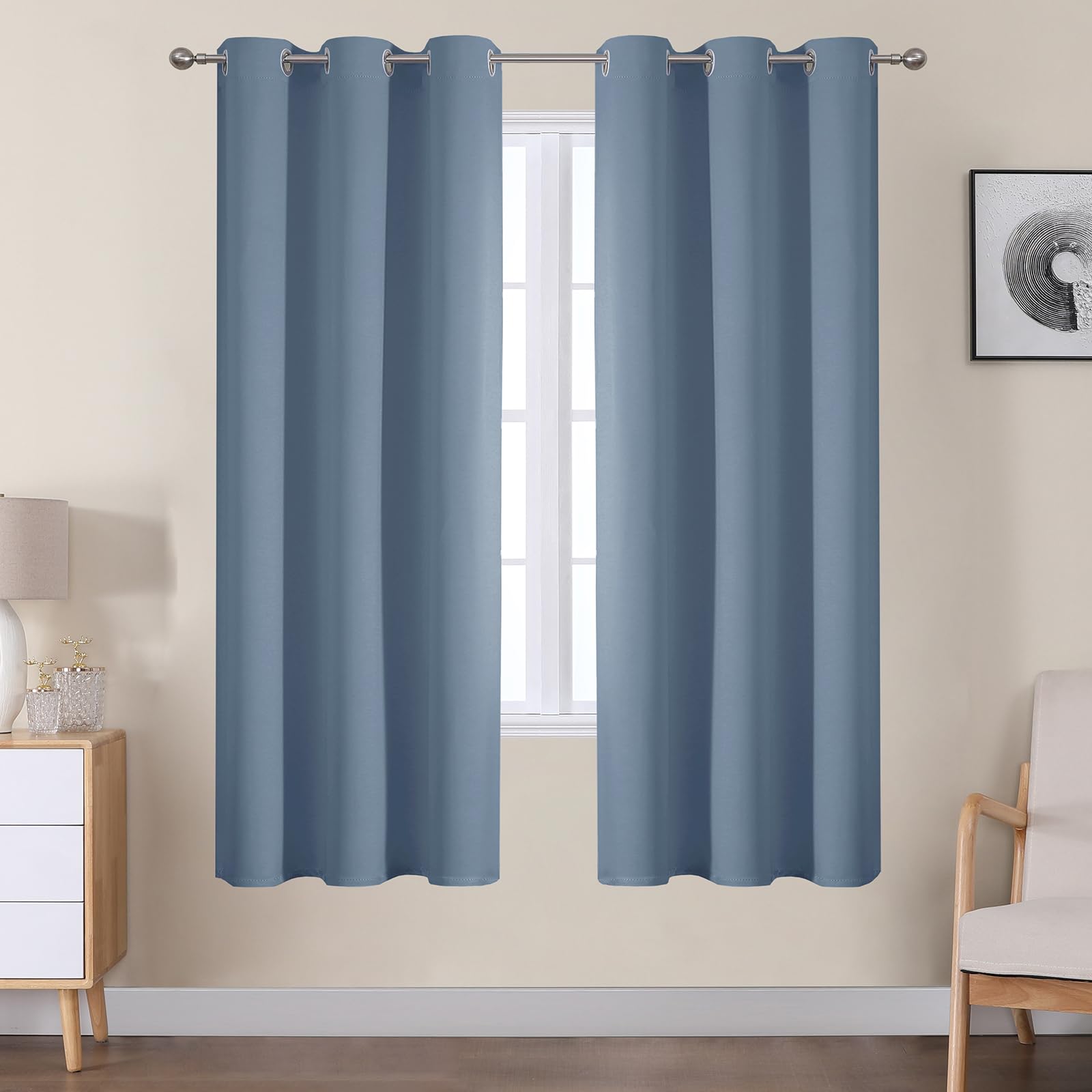 VEHEDE Thermal Insulated Curtains & Drapes for Bedroom, 63 Inch Drop Living Room Noise Reduing Curtain with Eyelet, Super Soft Blackout Curtains, W38 x L63, Stone Blue, 2 Panels