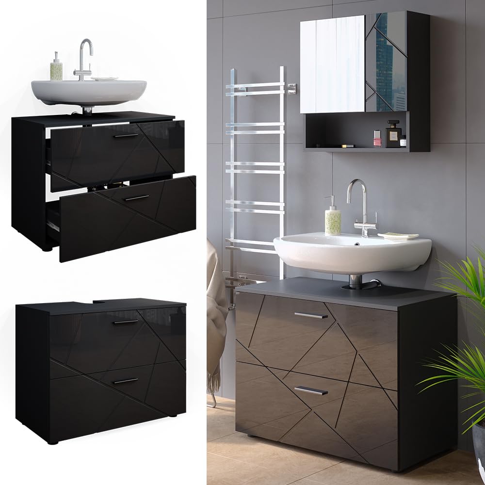 Vicco Mueble bajo Lavabo Irma, Antracita Alto Brillo, 80 x 58.6 cm | apto para instalación sobre el sifón con aberturas de ventilación