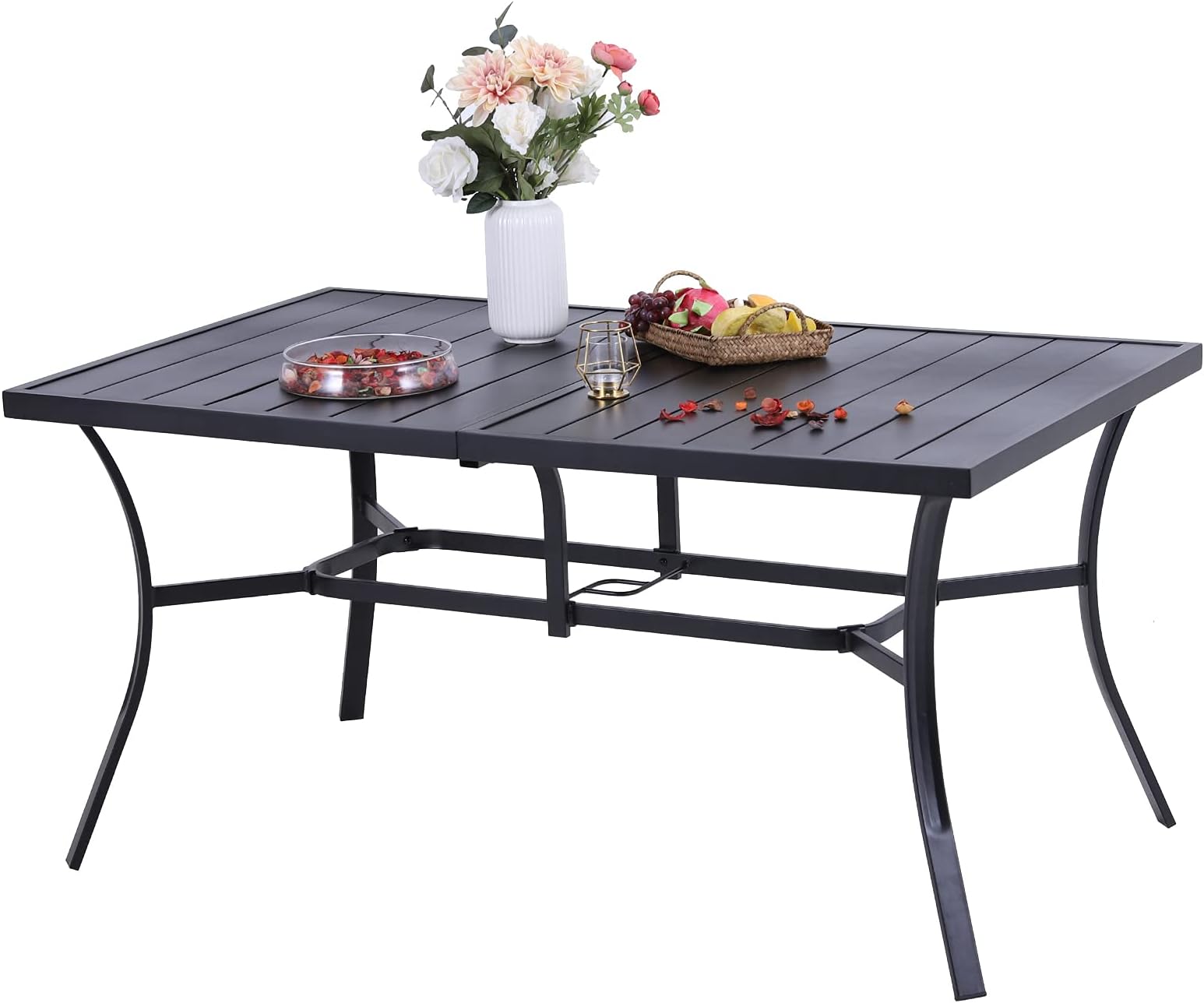 PHI VILLA Garden Table for 6 Person 150 * 90cm Patio Outdoor Table Rust Proof Steel Frame with 4 cm Parasol Hole Outdoor Furniture Garden Dining Table Maintenance Free Black