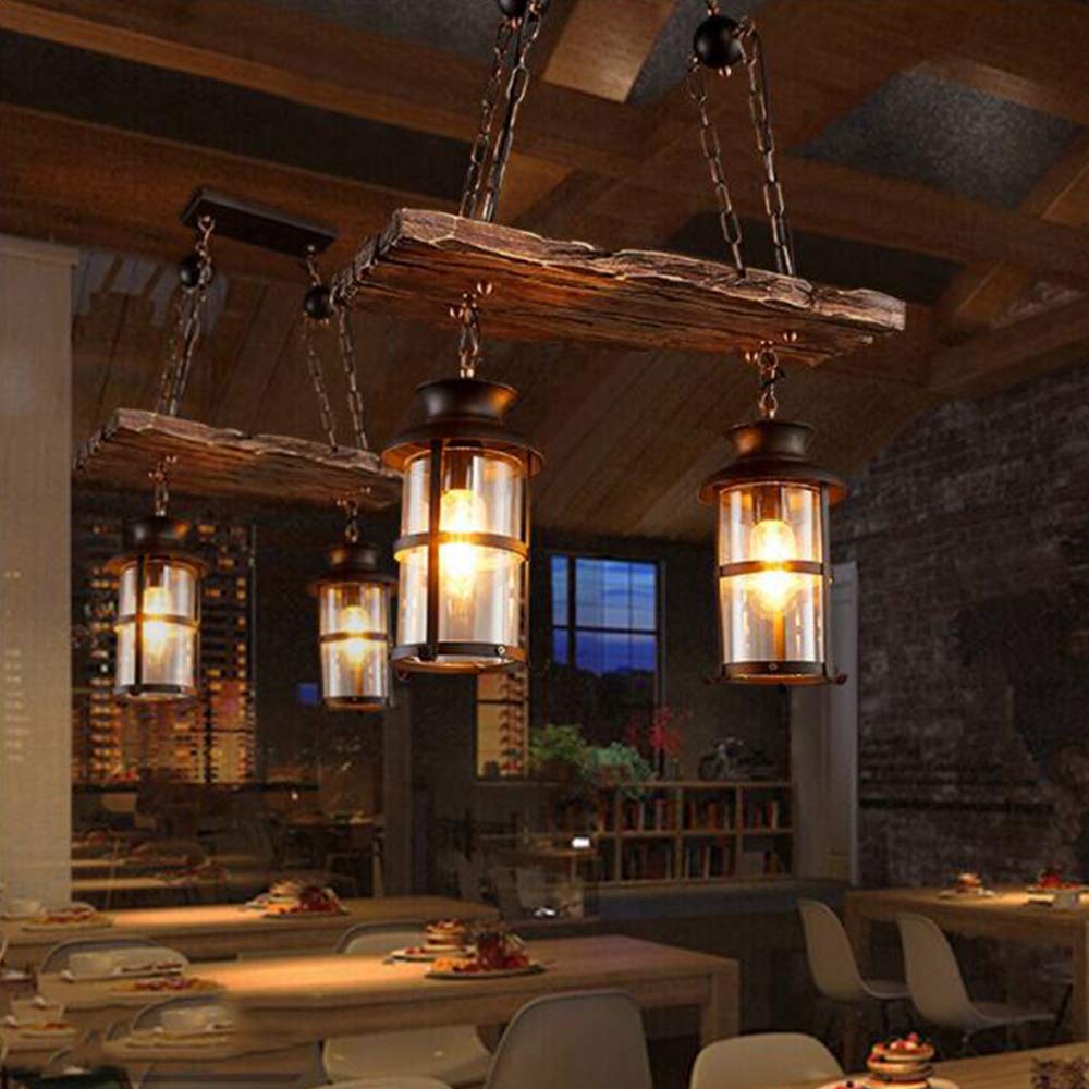 Lampa wisząca w stylu vintage, żyrandol z drewna, metalu, E27, rustykalna, liniowa, lampa sufitowa do salonu, jadalni, restauracji, kawiarni, hotelu, przedpokoju, piwnicy, piwnicy