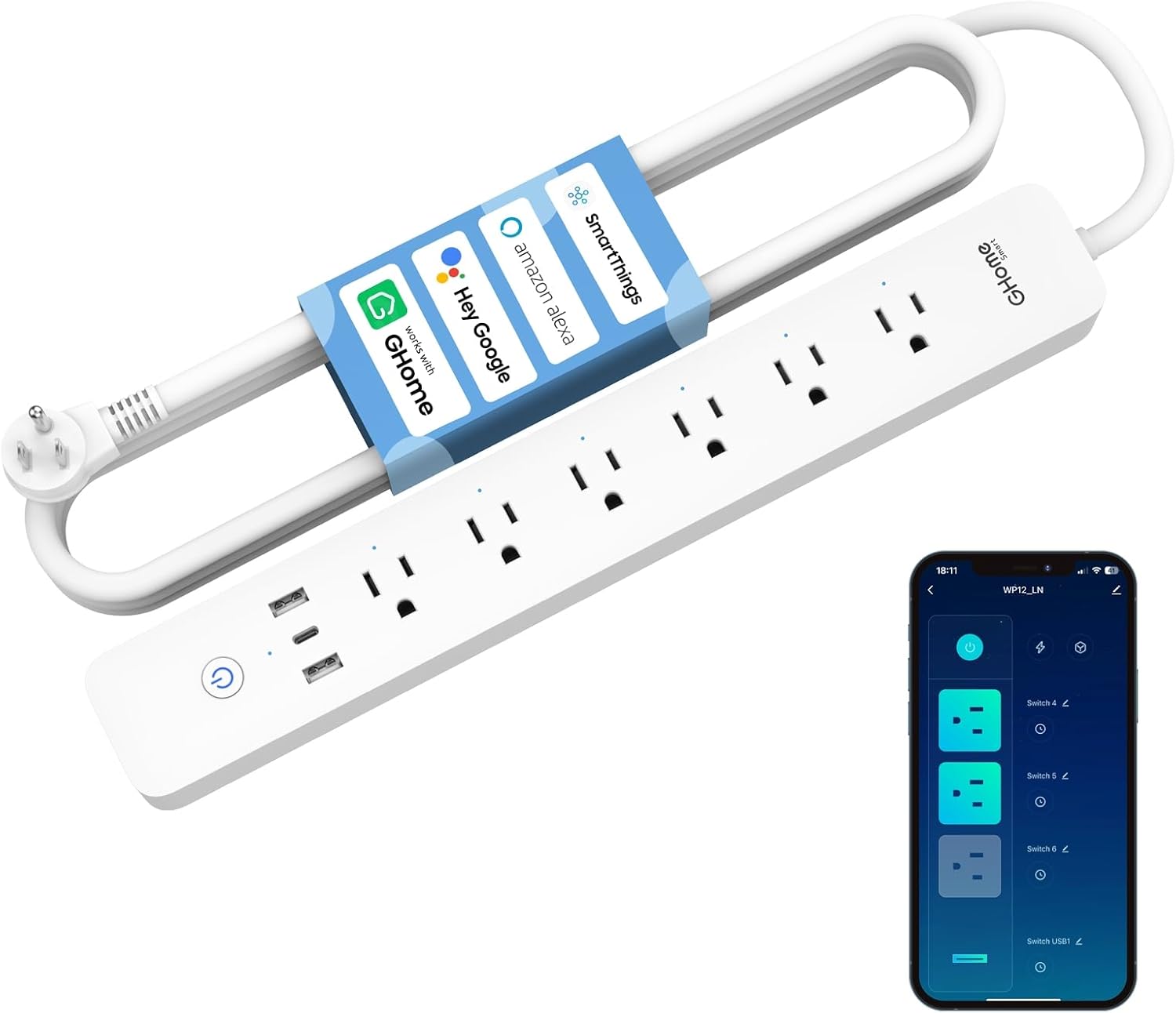 GHome Smart Plug Power Strip, 3 USB (30W Fast Charging) and 6 ...