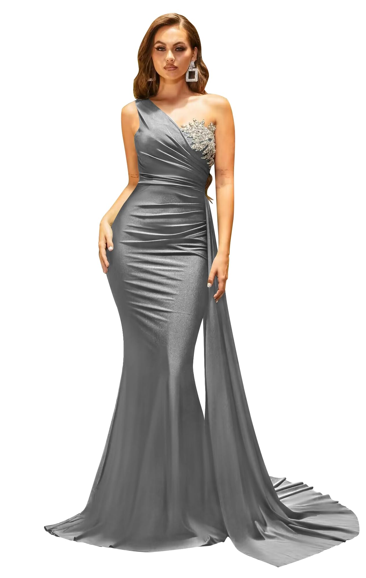 One Shoulder Bridesmaid Dresses for Women Long Ruched Satin Mermaid Formal Party Dress with Train