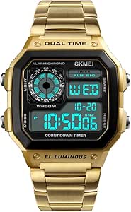 SKMEI Mens Digital Watch with Stainless Steel Wristband 1335(Gold)