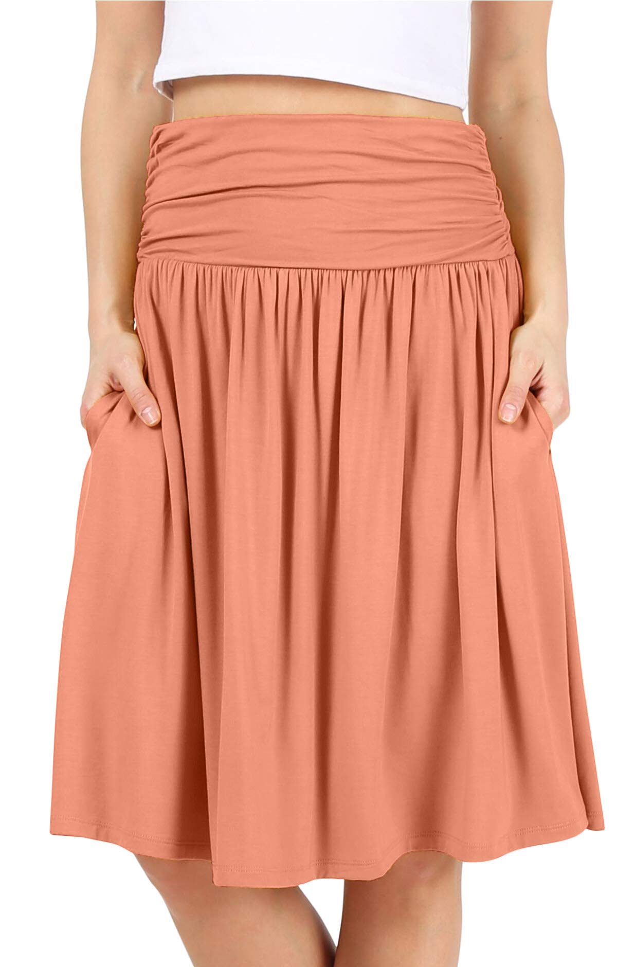 Simlu Skirts for Women Regular and Plus Size Skirt with Pockets Below The Knee Length Ruched Flowy Midi Skirt