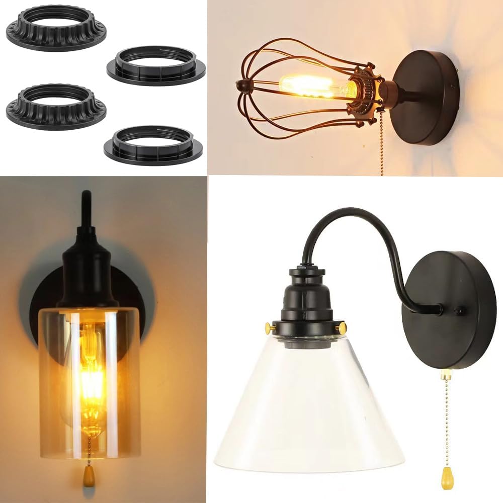 4PCS E26 Light Socket Shade Rings Collar Rings, 2 Assorted Size Lamp Shade Rings 34mm 39mm Inner Diameter, Black Threaded Reducer 1-3/8 Inches and 1-1/2 Inch