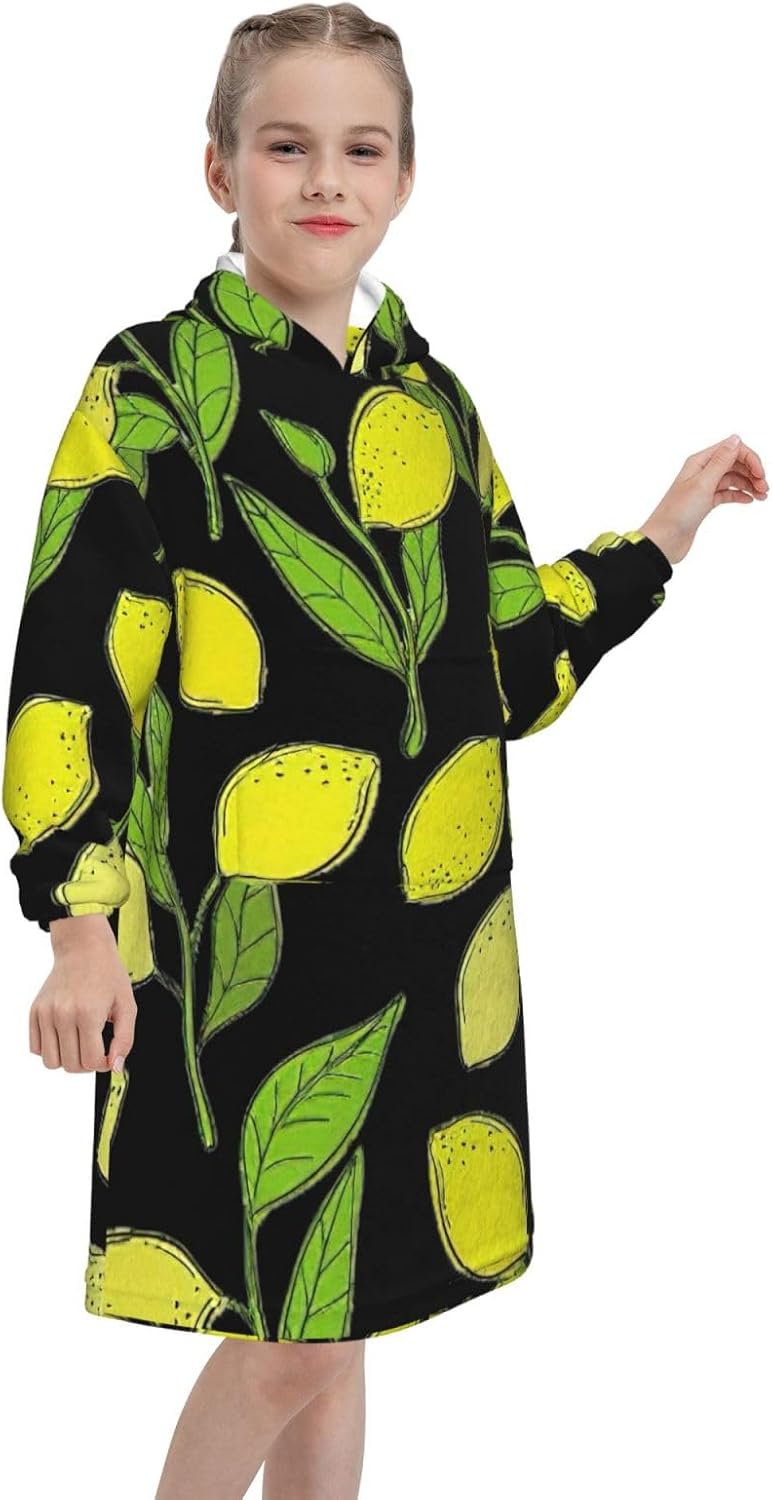 Yellow Fresh Lemons Print Oversized Blanket Hoodie, Wearable Blanket Hooded,Hooded Pullover With Pocket