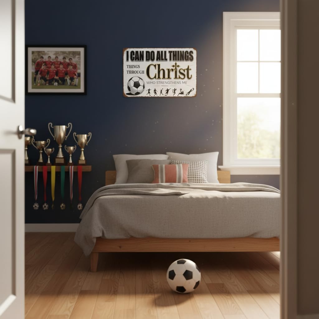 Funny sign Soccer Gifts I Can Do All Things Through Christ Philippians 4:13 Inspirational Bible Verse Sign for Boys Room Man Cave Bedroom Living Room Decor 8 x 12“ image 3