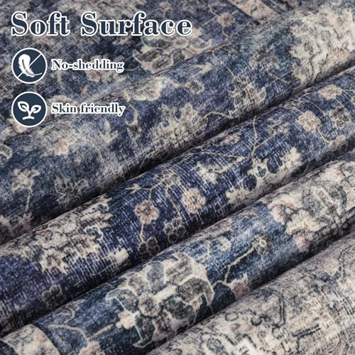 GarveeHome Runner Rugs 2.5x8 Vintage Printed Hallway with Non-Slip Backing, Stain-Resistant Oriental Washable Farmhouse Low Pile Rugs for Kitchen, Laundry, Blue