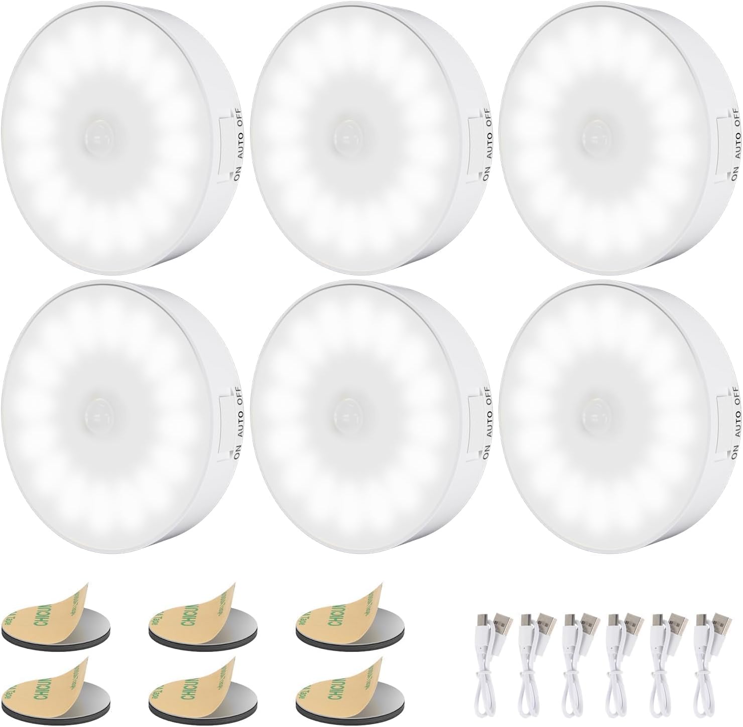 6 Pack Motion Sensor Light Indoor [Upgraded 14 LEDs], USB Rechargeable Night Light, Long Last Battery & 3 Light Modes, Wireless Magnetic Nightlight for Closet, Stairs, Hallway - Cold White