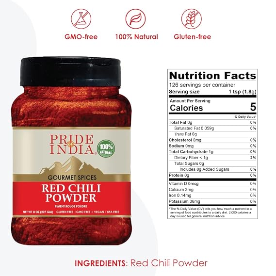 Pride Of India - PACK of 6 - Red Chili Ground Traditional Indian Spice Ideal for Gourmet & Savory Dishes Dishes GMO/Gluten Free Easy to Store - 8oz. Medium Dual Sifter Jar