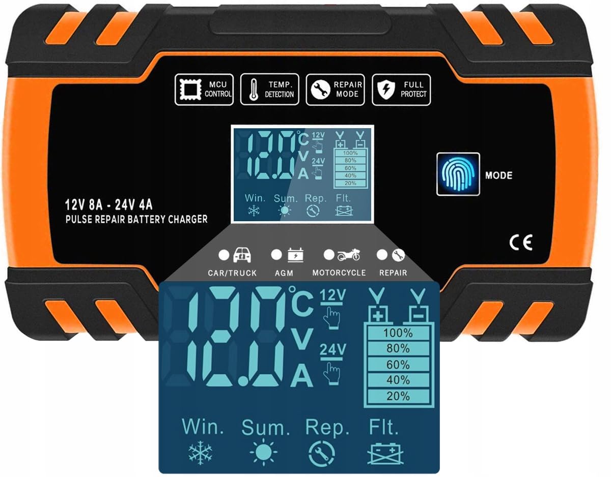 LTC Prostownik Samochodowy – Ładowanie Akumulatorów 12V 24V z Wyświetlaczem LCD - Moc 8A – Do Akumulatorów od 4Ah dp 150Ah – Tryb Naprawiania Akumulatora